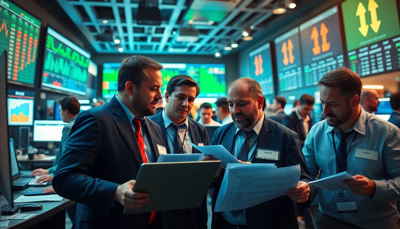 Engage in tradings at a lively trading floor filled with active traders analyzing market data.