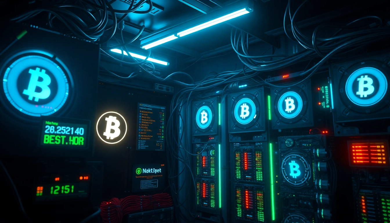 Explore advanced Bitcoin mining rigs operating in a high-tech environment with vibrant LED displays.