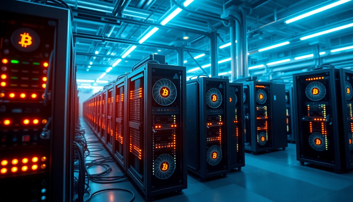 Explore Bitcoin mining technology through advanced mining rigs arranged aesthetically in a high-tech environment.