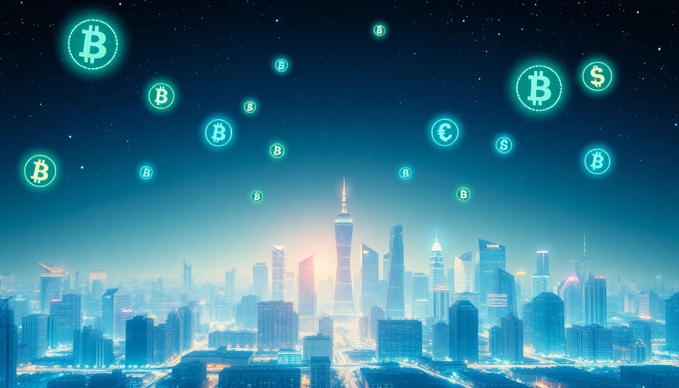 Explore dynamic Crypto visuals showcasing futuristic cityscapes filled with digital currency symbols.