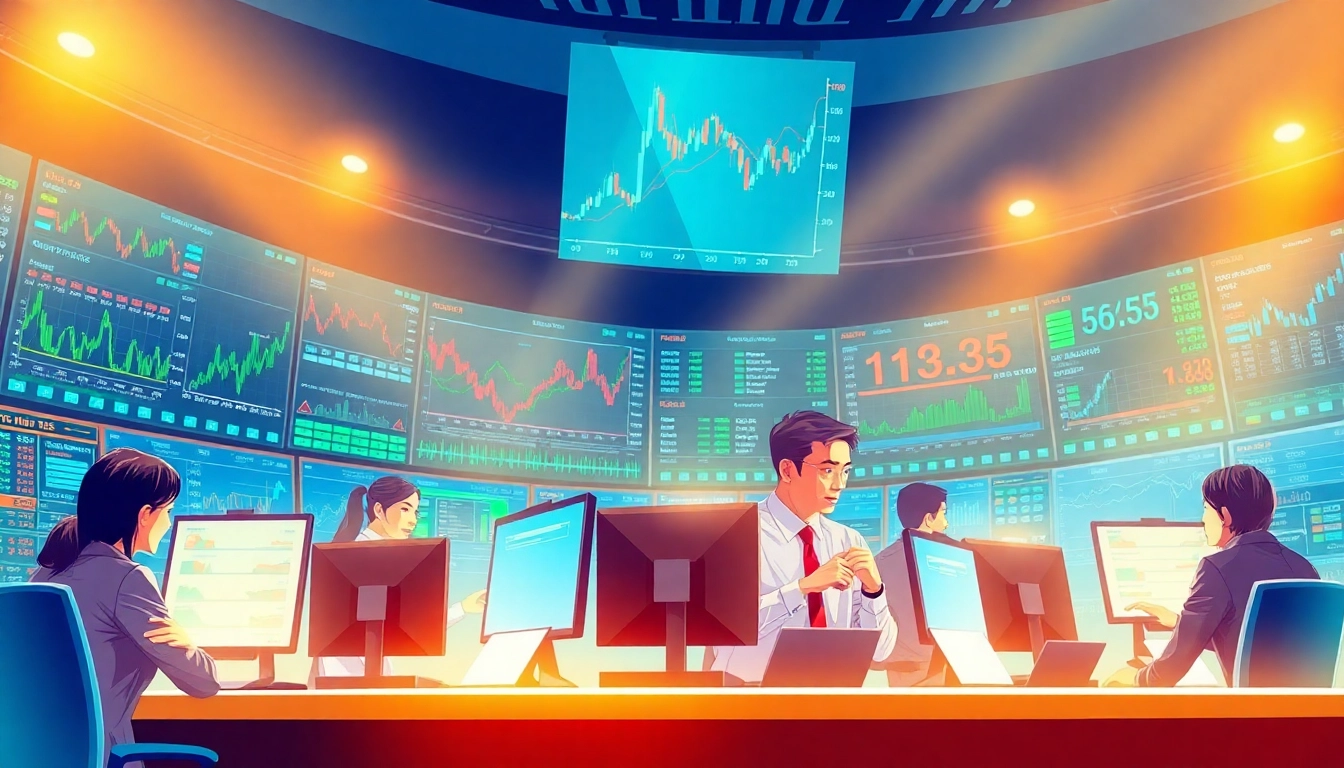Explore the engaging world of tradings with traders analyzing financial markets at a high-tech desk.
