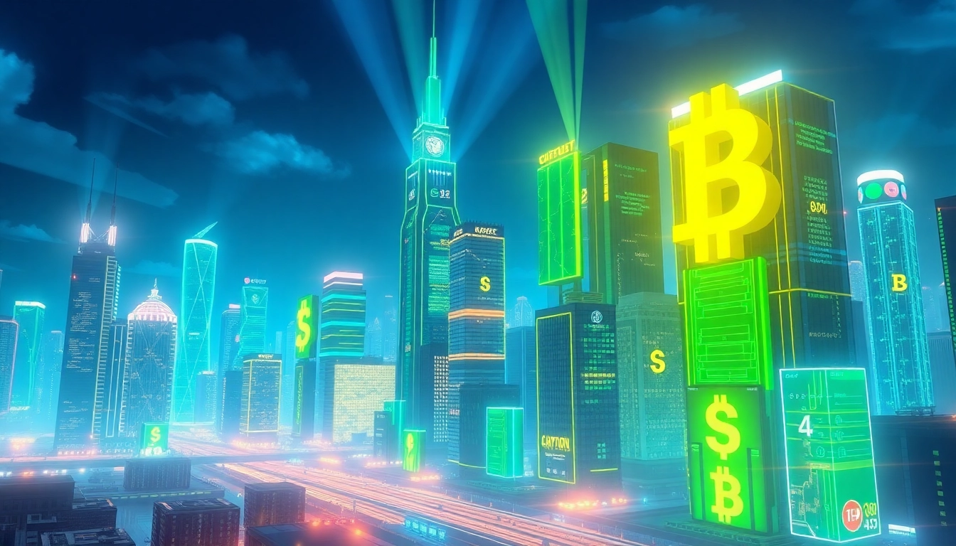 Visualize the transformative power of Crypto through a vibrant futuristic city, filled with cryptocurrency symbols and bright neon lights.